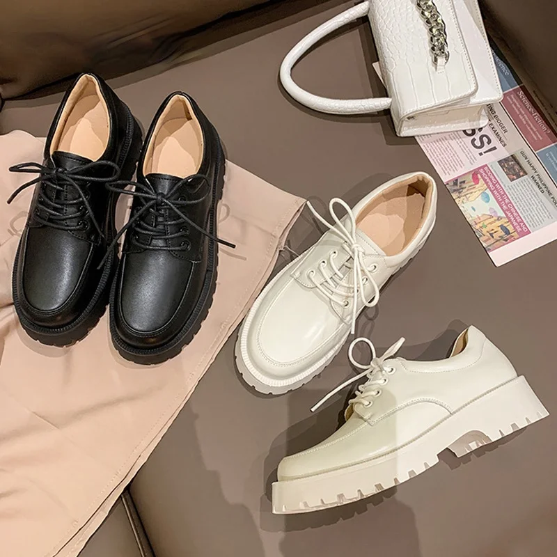 

Женские туфли из натуральной кожи, новые весенне-осенние белые лоферы в британском стиле, женская повседневная обувь на платформе с круглым...