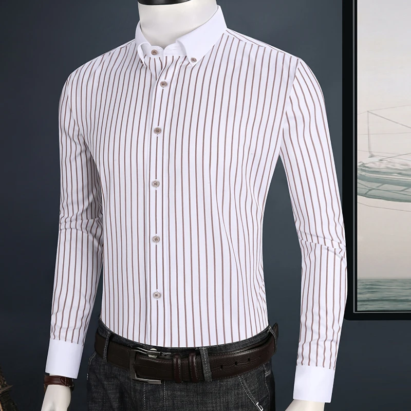 Мужские рубашки в Вертикальную Полоску из 100% хлопка DP без железа с белым