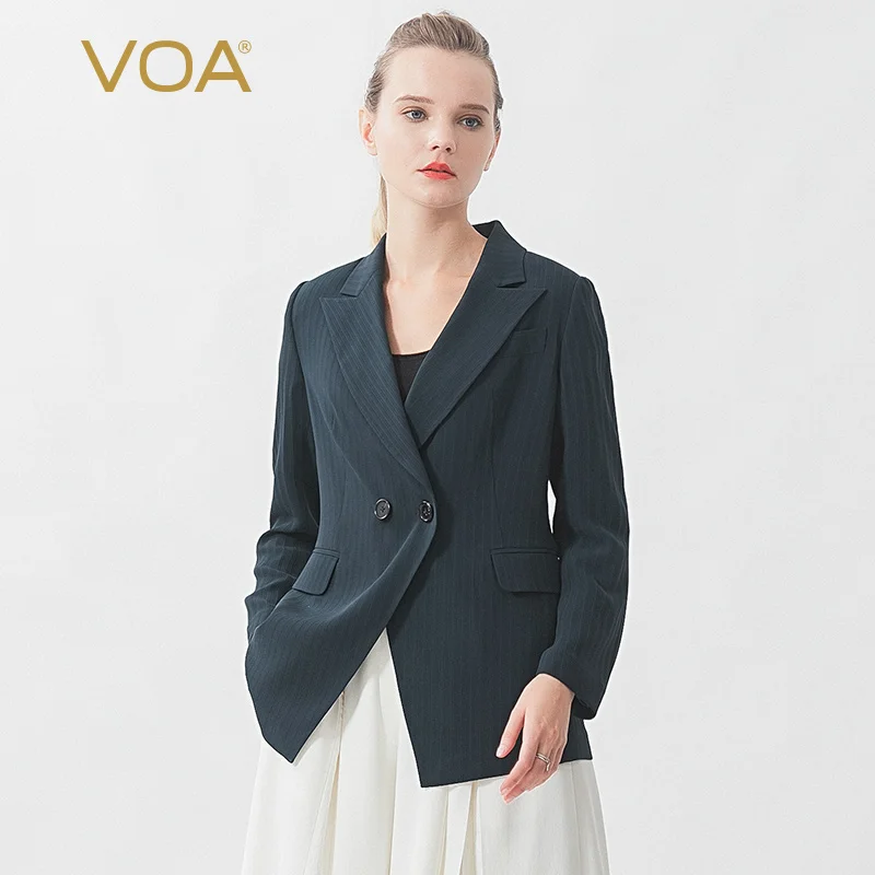 

Женский офисный костюм VOA, темно-синяя шелковая куртка в полоску с воротником Берм, простая двубортная куртка с длинным рукавом на осень, W591