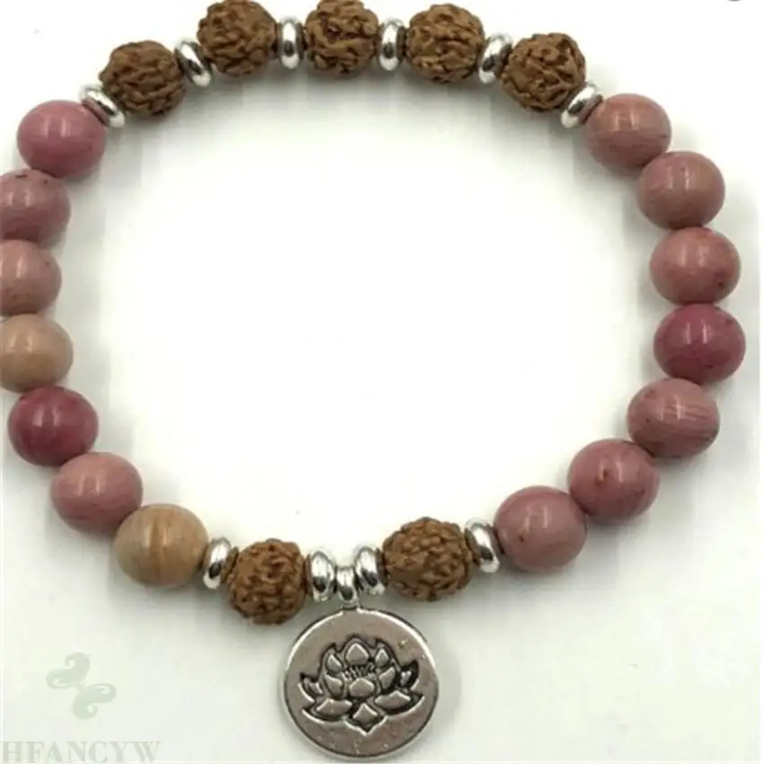 

8mm Rose stone bodhi silver Mala Gemstone Bracelet pendant Pray Stretchy Cuff Reiki Bless 7.5inches Wrist Unisex Energy