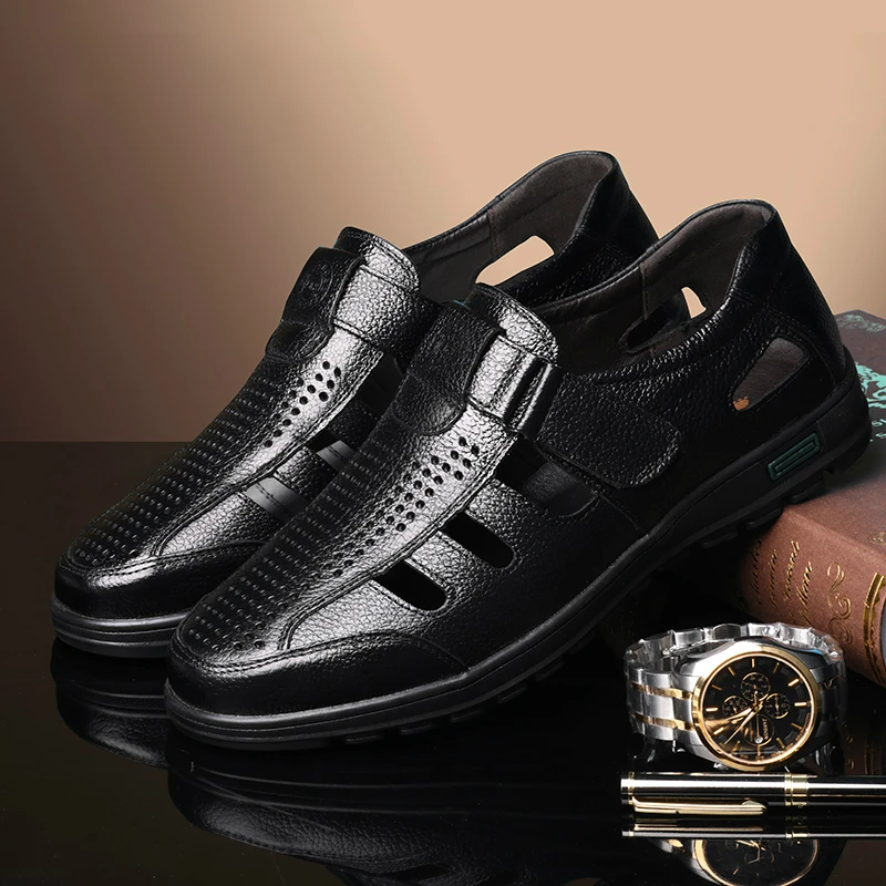 

England design mens leisure hollow out summer shoes breathable genuine leather sandals covers toe beach sandals platform sandale