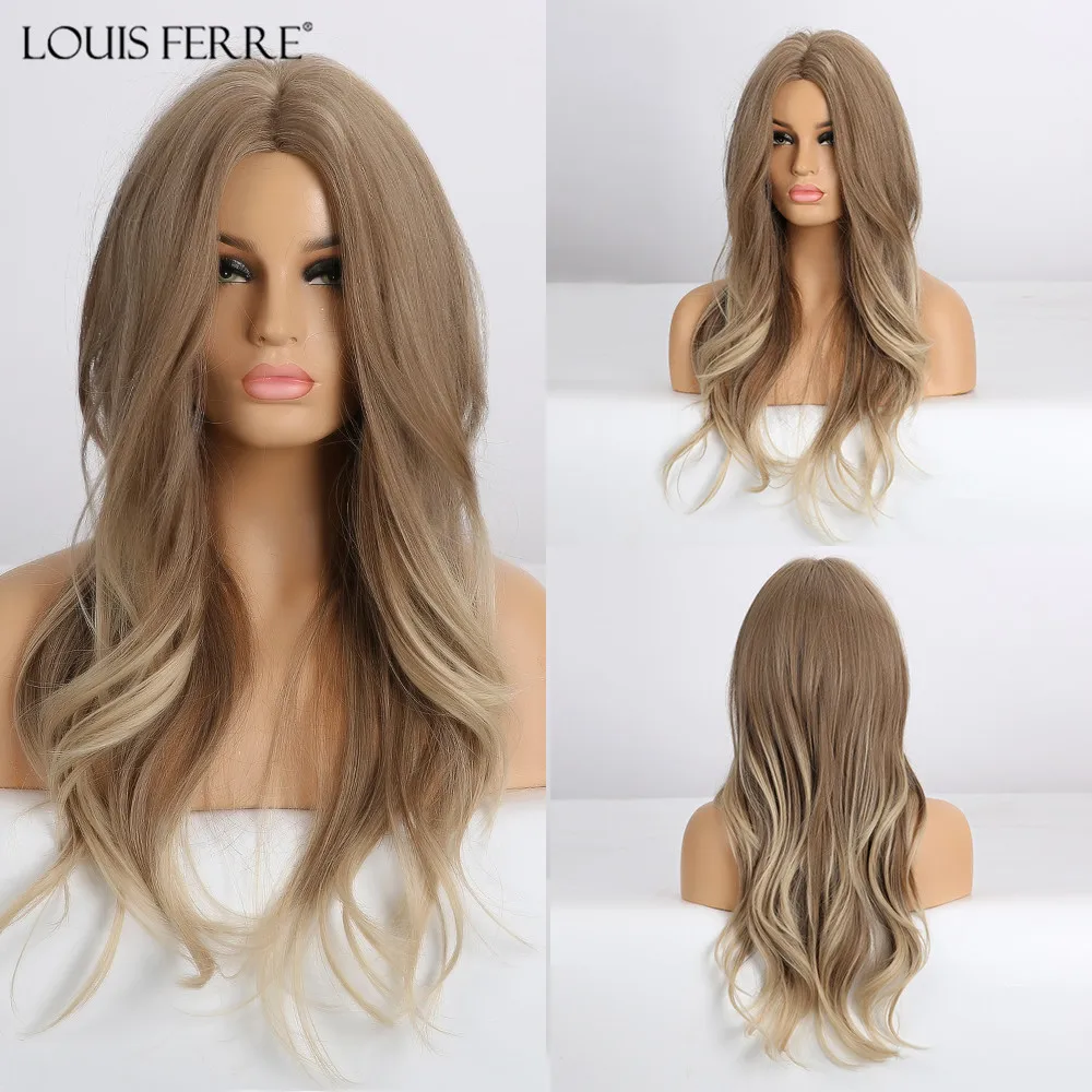 

LOUIS FERRE Ombre Honey Brown Blonde White Ash Long Water Wave Wigs Middle Part Cosplay Wig For Black Woman Heat Resistant Fibre
