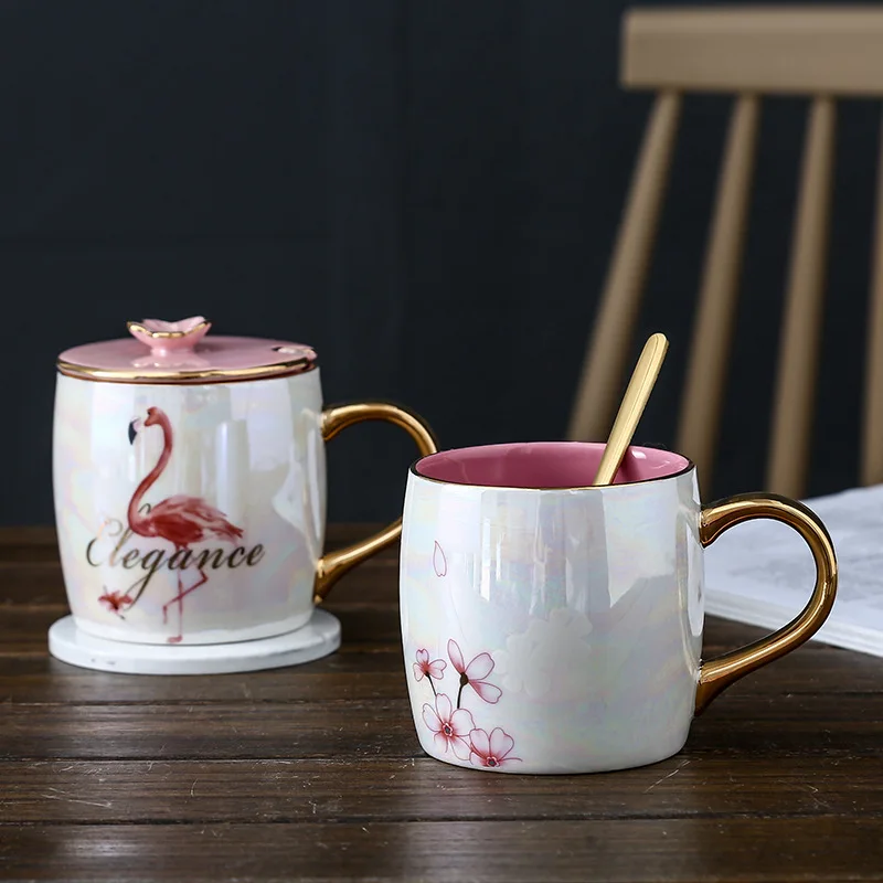 Simple Ins Flamingo Colorful Pearlescent Ceramic Mug with Lid and Spoon Pearl Glaze Female Milk Coffee Cup | Дом и сад