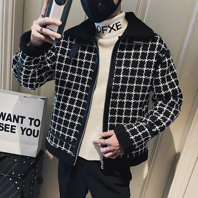 Autumn Winter Men's Houndstooth Jackets Fashion Casual Coats Plus Velvet Thickened Warm Zipper Social Streetwear Male Clothing