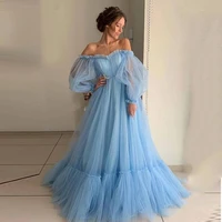 blue prom dresses long sleeve off the shoulder princess dress 2021 tulle lace up formal evening party dresses plus size