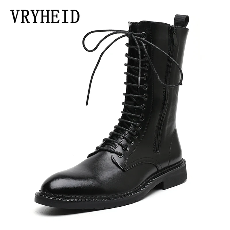 

VRYHEID 2021 Winter New Platform Men's Knight Cowboy Boots Comfortable Breathable Motorcycle Casual High Top Black Leather Shoes