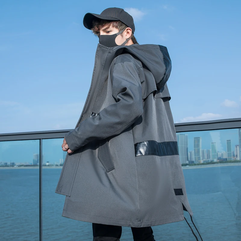 Тренчкот мужской длинный с капюшоном модная ветровка свободного покроя в стиле