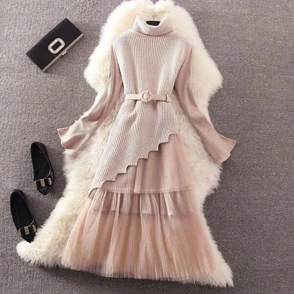 Осенне зимнее женское платье костюм 2020 милое Сетчатое кружевное вязаное