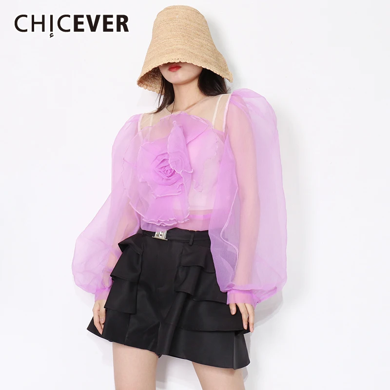 

CHICEVER Patchwork Flower Women's Blouse Round Neck Long Sleeve Casual Loose See Through Shirt Female Fashion New Clothing 2021