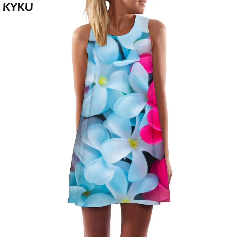 

KYKU Flowers Dress Women Gradient Short Colorful Office Womens Clothing Vintage Ladies Large Sizes Femme