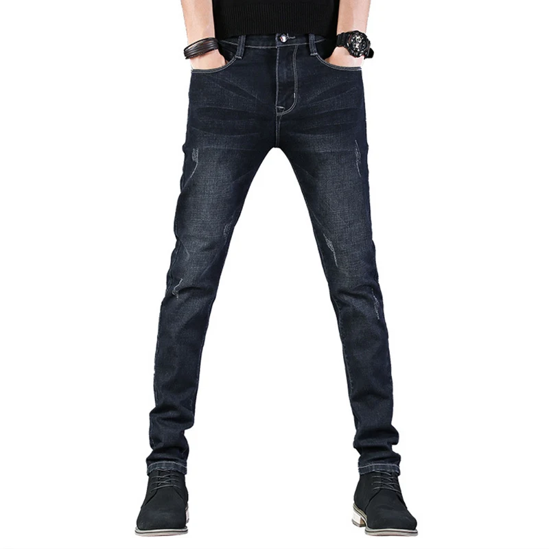 Men Elastic Slim Fit Tight Jeans Korean Trend Pants Black Youth High Quality Little Feet Business For Male | Мужская одежда