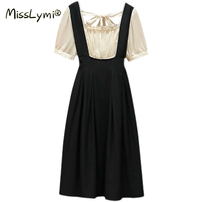 

4XL Plus Size Women French Vintage Dress Summer 2021 Beading Square Collar Bow Backless Short Sleeve Patchwork Black Dresses