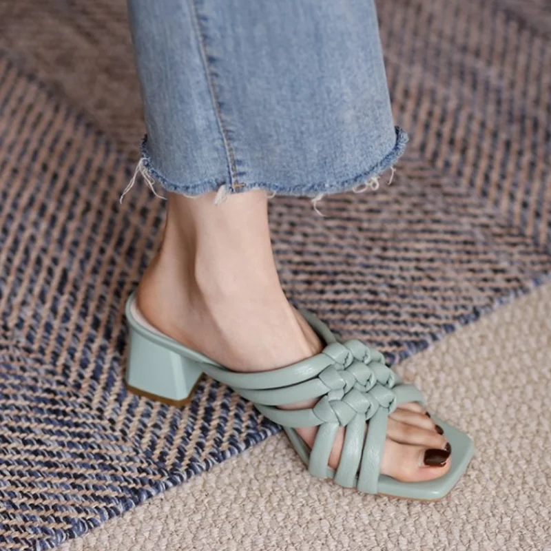 

RizaBina Sandals For Women Thick High Heels Solid Color Slingbacks Slipper Outdoor Shoes Retro 2021 Summer Footwear Size 33-40