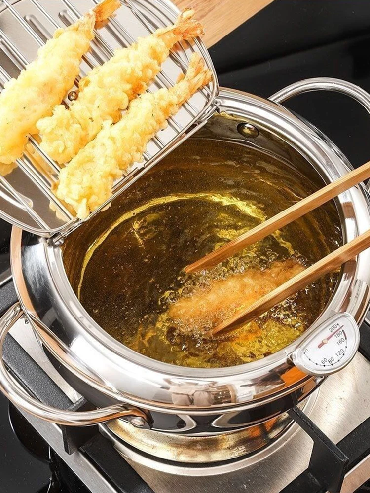 

Japanese Deep Frying Pot Stainless Steel Deep Fryer with Thermometer and Lid Household Tempura Fryer Pot for Kitchen Cooking