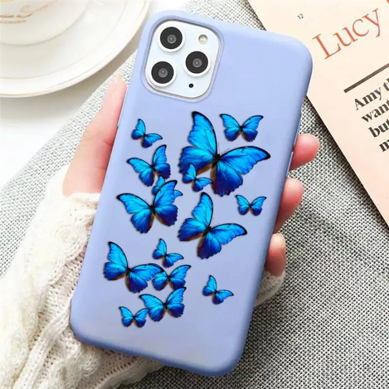 

Blue beautiful butterfly fashion Phone Case Candy Color Blue for iPhone 11 12 pro XS MAX 8 7 6 6S Plus X 5S SE 2020 XR
