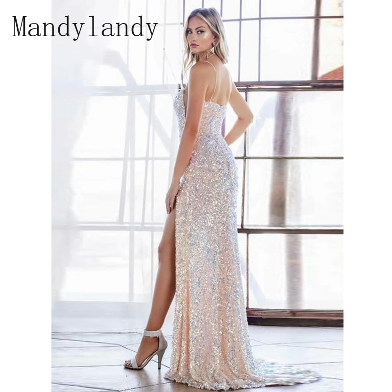 

Mandylandy Dress Autumn Sleeveless Backless V-Neck Spaghetti Strap Strapless Dress Women's Sexy Slim Sequined High Waist Dress