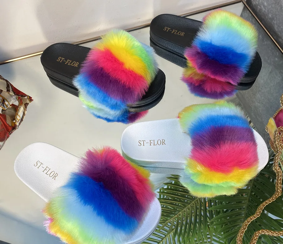 

2021 Cross-Border European and American Fashion Flat Fox Color Fluffy Slippers Women's Winter Outerwear Women Slippers