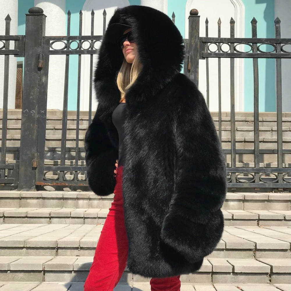 Black Genuine Fox Fur Coat with Hood Thick Warm Fur Overcoat Luxury Women Full Pelt Real Fox Fur Jacket Medium Length Outwear