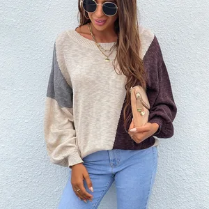 Knit sweater autumn and winter 2021 sweater new irregular color matching off-shoulder sweater women Knit sweater autumn and winter 2021 sweater new irregular color matching off-shoulder sweater women