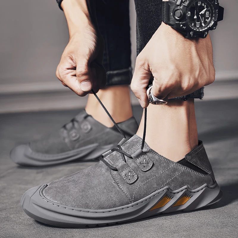 

Leather Shoes Men fashion Casual cow suede Leather Shoes Soft Driving Shoes Men outdoor Flats Walking Lace-Up Man Footwear