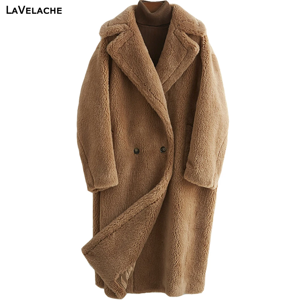 Enlarge LaVelache 2022 Real Fur Coat Wool Jacket Women Autumn Winter Thick Warm Soft Fleece Jacket Pocket Outerwear Overcoat Bear Teddy