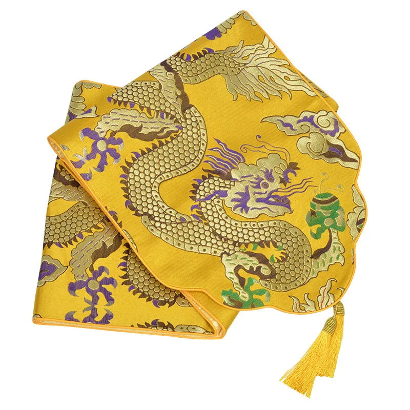 

New Chinese Style Dragon Cloud Embroidery Table Runner Classical Yellow Table Flag Decoration for Wedding Party with Tassels