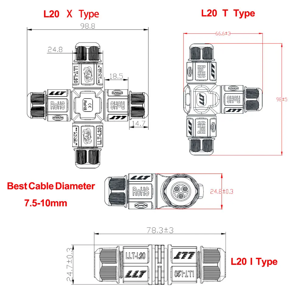 L16 Водонепроницаемый разъем L20 IP67 T Форма распределительная коробка Разъем 3