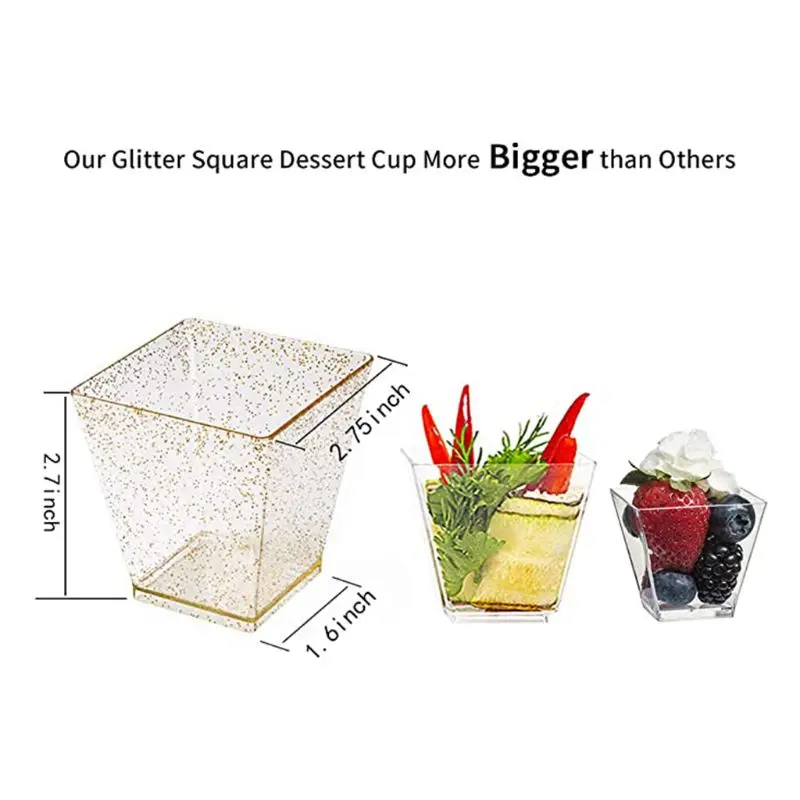 

50 Pack 2oz Gold Glitter Medium Plastic Dessert Cups With 50 Spoons Square Dessert Bowls for Tasting Party Desserts