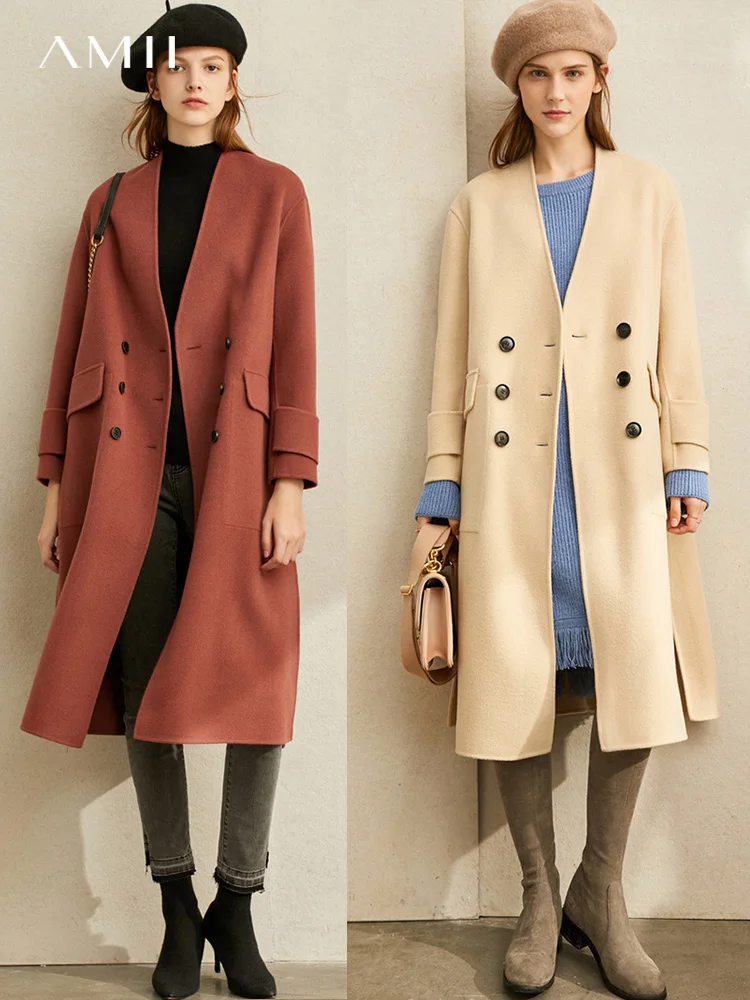 

Куртка Amii Женская двойная шерстяная однотонная свободного кроя, винтажный двубортный пиджак средней длины с V-образным вырезом, 11940487, Осень-зима