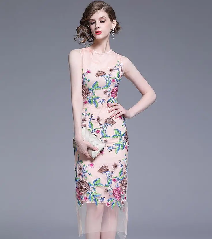 

Women's spring summer sleeveless flower embroidery slim dress female runway fashion high waist mesh dress TB911