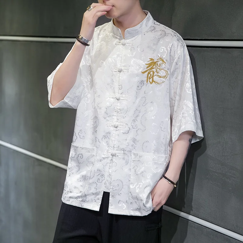 2021 Summer Chinese Style Shirt Men Tang Suit Button Dragon Pirnt Streetwear Shirts Half Sleeve Tops 30632 |