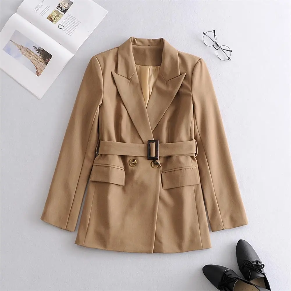 

2020 autumn and winter new women's simple solid color waist slimming lapel belt blazer
