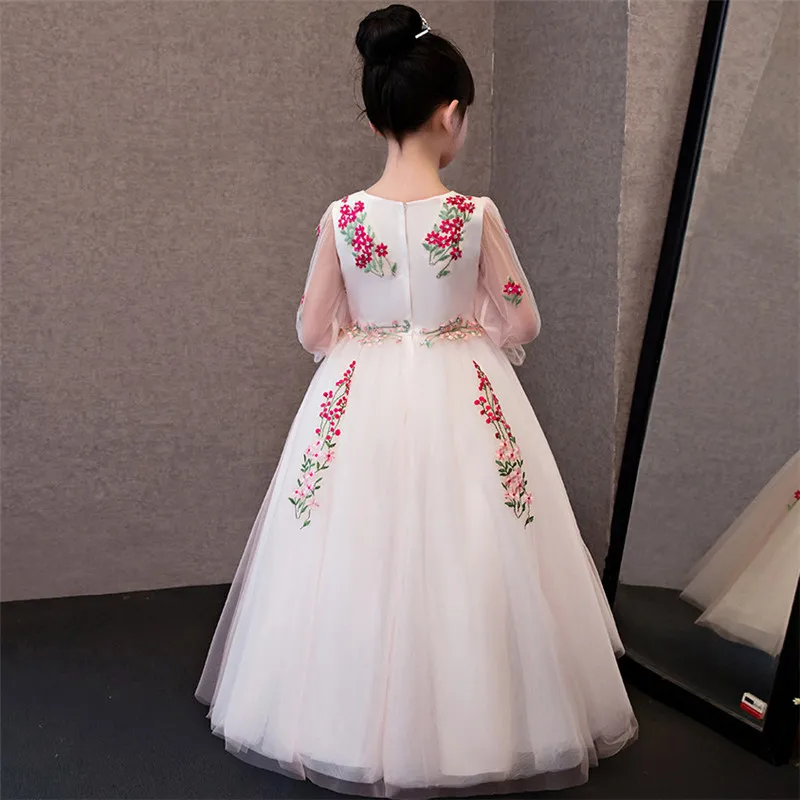 

3~14Years Girls Children Elegant Beautiful Wedding Party Birthday Sweet Princess Mesh Dress Kids Piano Costumes Host Long Dress