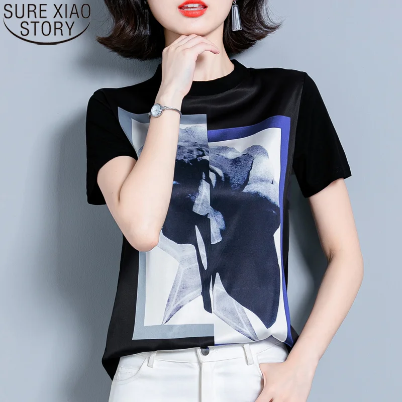 

Silk Women Blouses Short Sleeve Summer 2021 New Fashion Print Shirt O-Neck Womens Tops and Blouses Plus Size Loose Clothes 10158