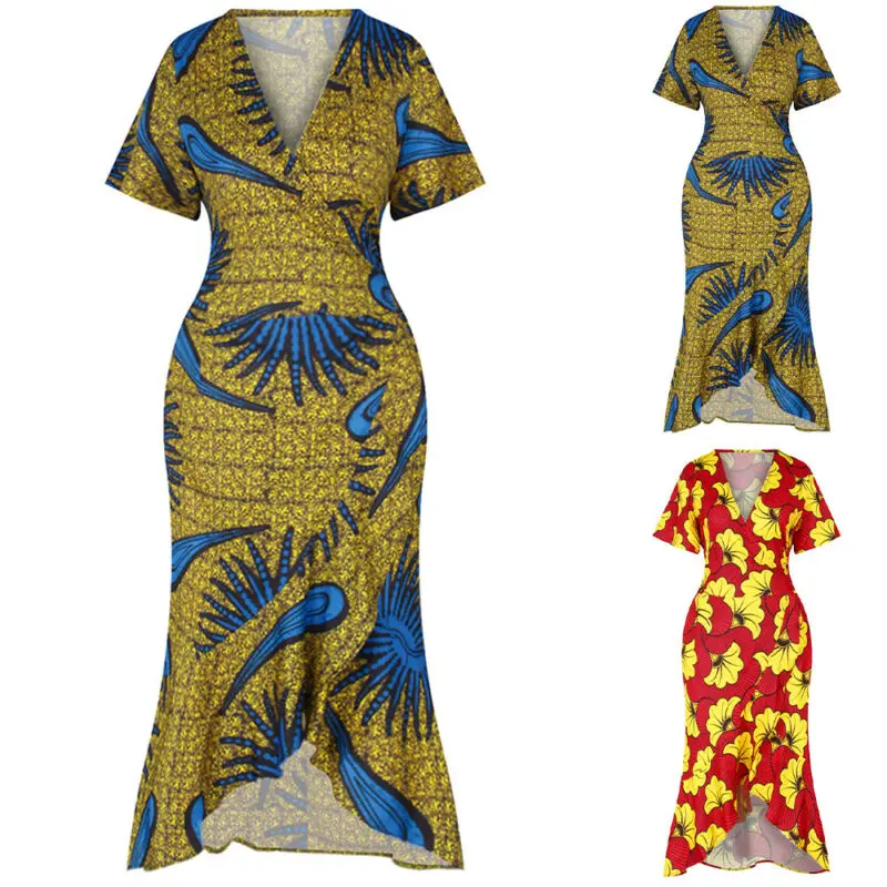 

Women's Short Sleeve Dress Summer Sexy V-neck Printed Cotton Corset Skirt Fashion Party Casual Comfortable Fishtail Skirts