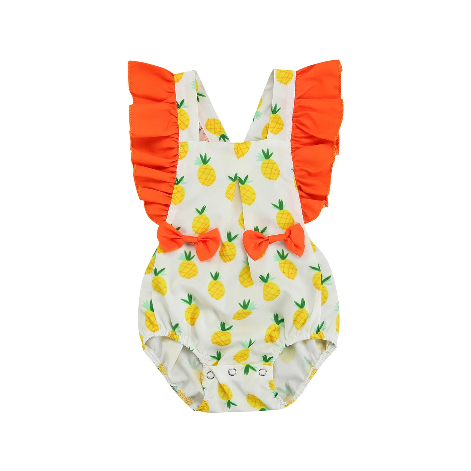 

Летние дышащие Комбинезоны для маленьких девочек, комбинезоны с принтом фруктов, оборками, коротким рукавом и открытой спиной, комбинезоны ...