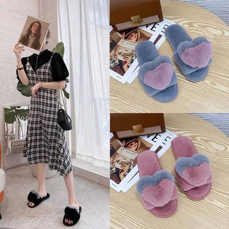 

Women Slippers Winter Home Shoes Women House Slippers Warm Love Heart Non-Slip Floor Home Furry Slippers