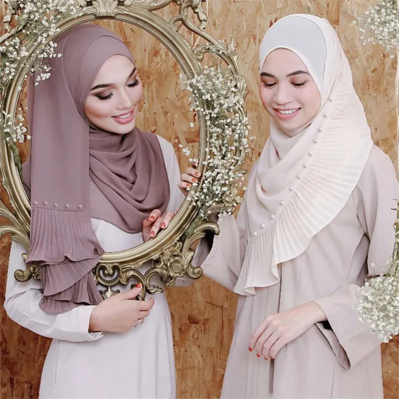 

70*185cm Women Pearl Chiffon Scarf Solid Muslim Crinkle Hijab Scarf Islamic Arab Shawl Wrap Headscarf Ready To Wear Head Scarves