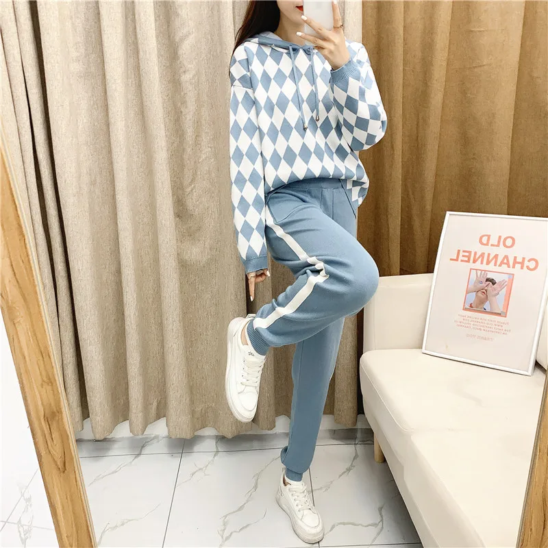 

Plaid Hooded Knitted Sweater + Elastic Waist Trouser Set Two Piece Tracksuit Plus Size Elegant Vintage Outfits Chic Jumpers D367