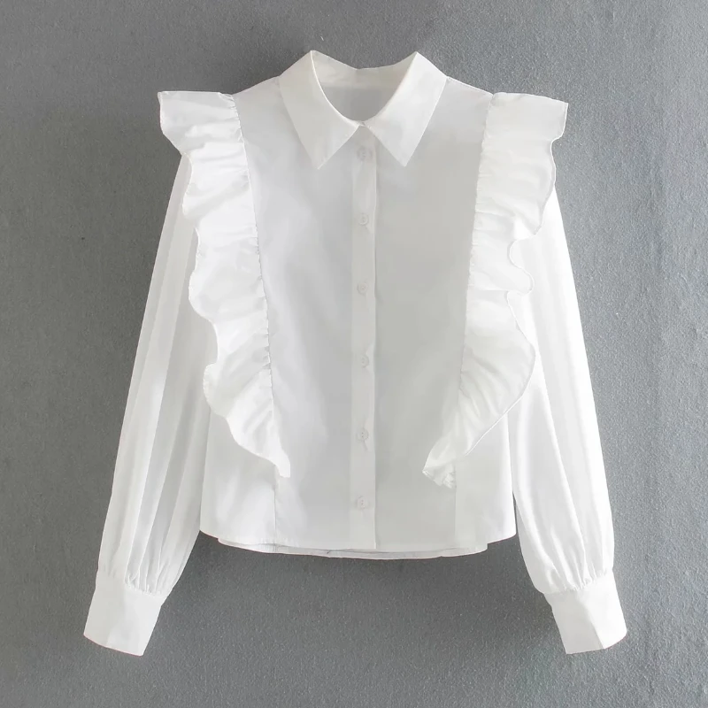

LUJIA ALAN Women Cascading Ruffle White Blouse Female Long Sleeve Shirt Casual Lady Loose Tops Blusas S8350
