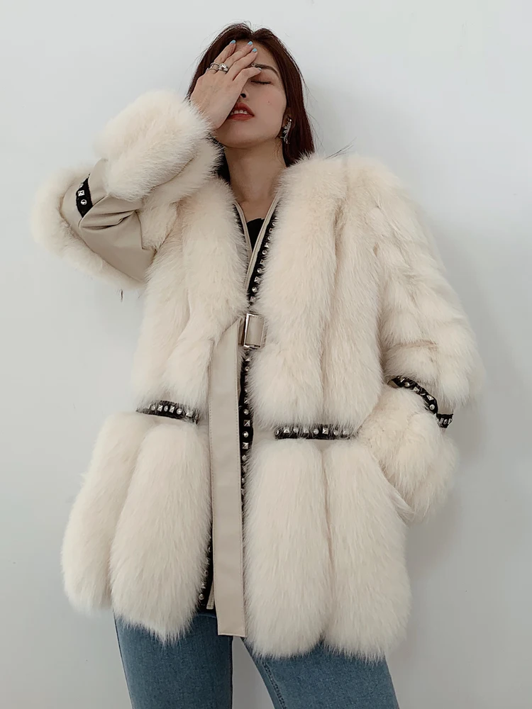 2022 Fashion Fox Fur Coat For Women Natural Whole Skin Genuine Fox Fur Jackets Stitching Riveting And Diamonds Silm Overcoats enlarge