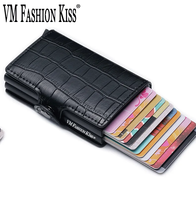VM FASHION KISS RFID Genuine Leather Minimalist Wallet DIY Metal Aluminum Safe Purse Credit Id Business Card Holder Cardholder