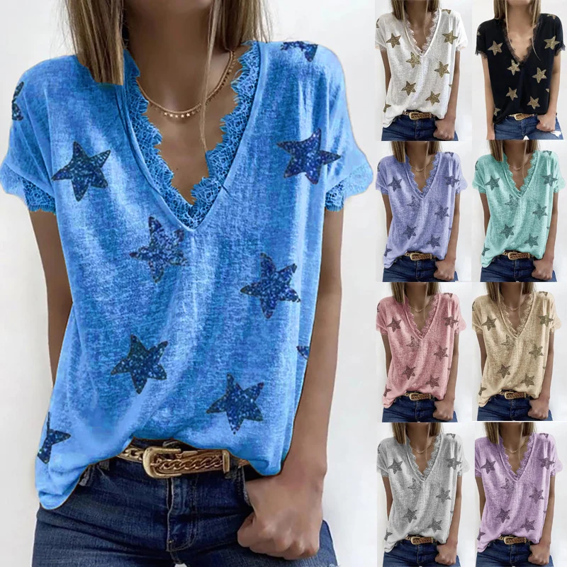 

Summer T-Shirt Women Sexy V-Neck Lace Printed Short Sleeve Casual Loose Basic Clothing Street Top Female