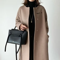 women fashion woolen overcoat autumn winter coat simple loose letter design korea patchwork pocket casual office lady outwear