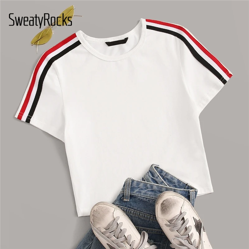 SweatyRocks топ в контрастную полоску, уличная одежда с коротким рукавом, женские футболки с боковой полосой, летние повседневные женские короткие футболки