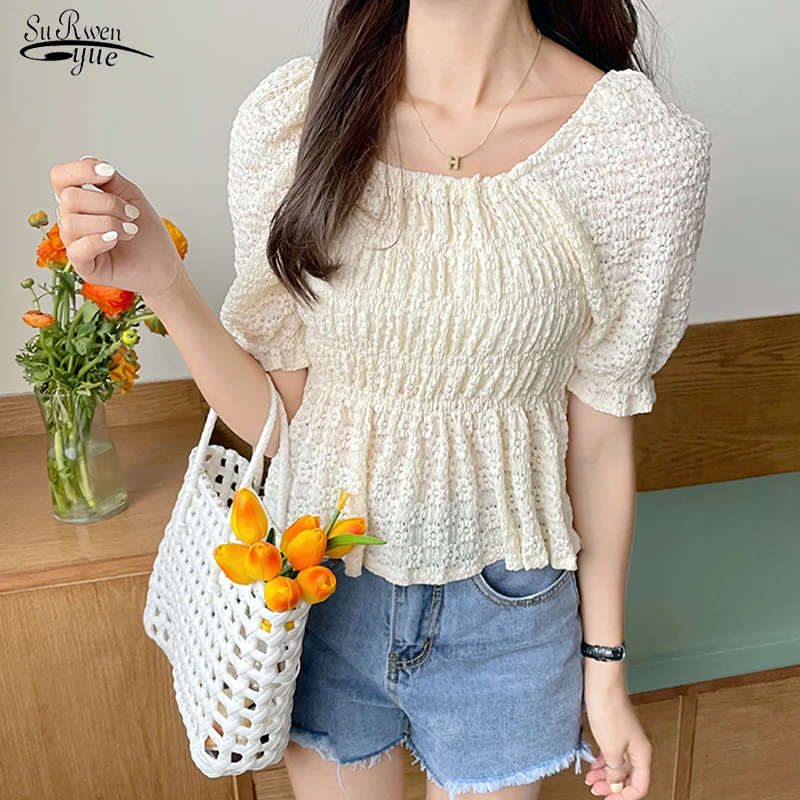 

Женская ажурная плиссированная блузка, летняя пикантная рубашка с воротником-лодочкой и пышными рукавами до ключиц, простая блузка с корот...