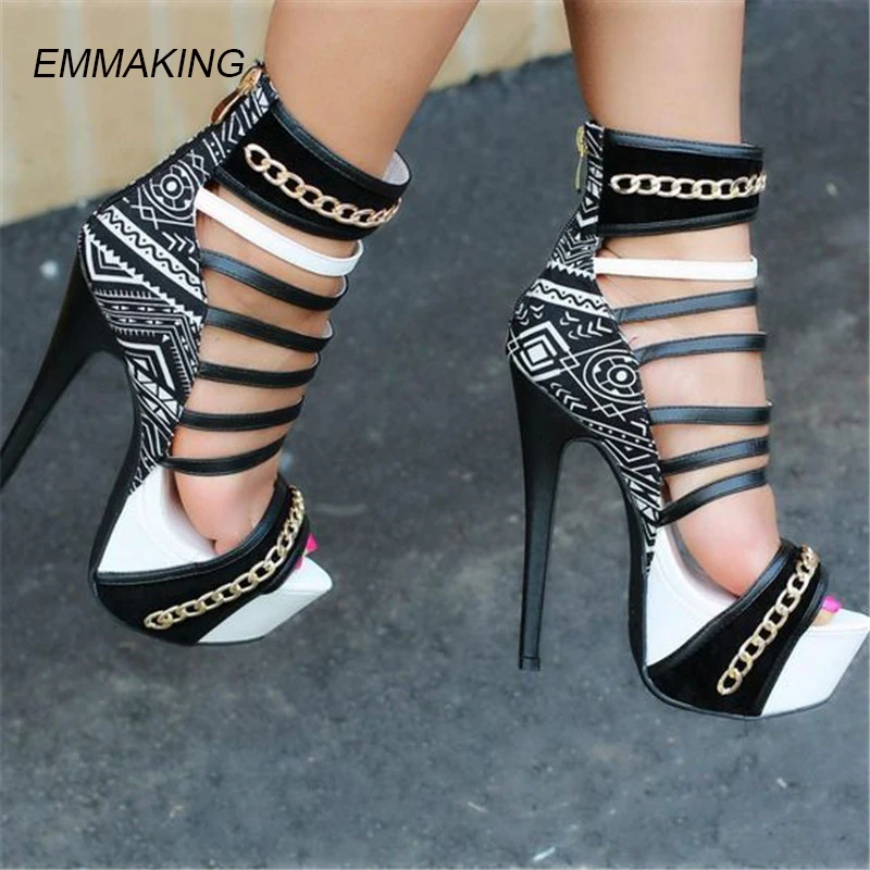 

EMMA KING Fashion Chain Studded High Platform Sandals Mixed Colors Super High Heels Pumps Women Ankle Strap Gladiator Sandals