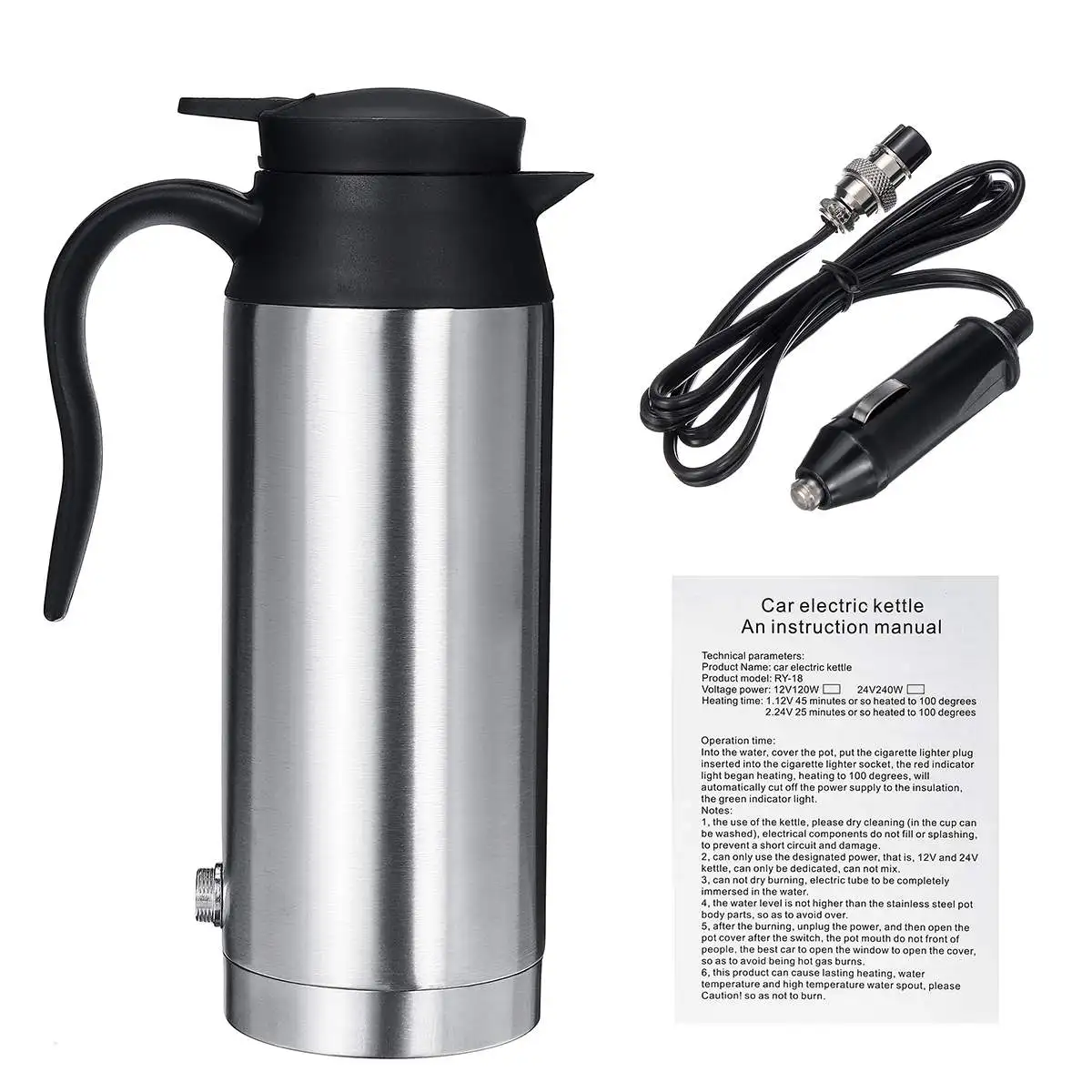 

Stainless Steel Electric Kettle 12V /24V 800ml In-Car Travel Trip Coffee Tea Heated Mug Motor Hot Water Boiling for Car Truck