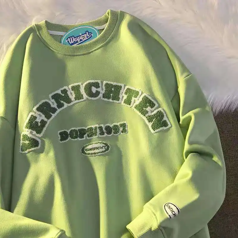 

Boho Green Flocking Printing Crewneck Sweatshirt Women New Long Sleeve Casual Preppy Style Couple Clothes Thin Fall Dropshipping