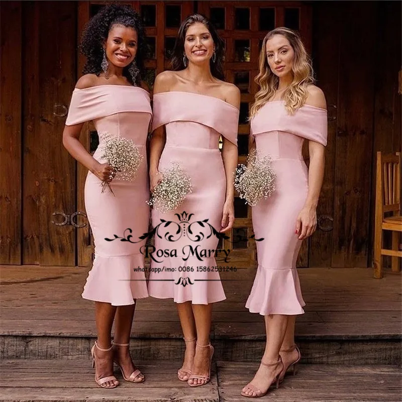 

Sexy Pink Mermaid Cheap Bridesmaids Dresses 2021 Off Shoulder Cheap Simple Tea Length African Maid Of Honors Gowns For Wedding